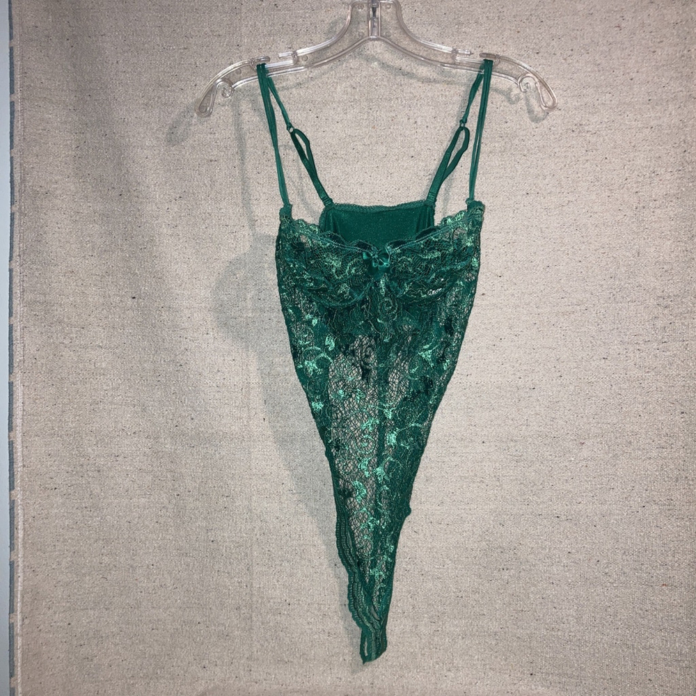 Vintage Victoria’s Secret Satin Second Skin Green Bodysuit Thong Teddy 34C M